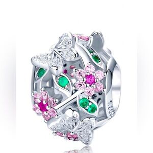 925 REAL SILVER Pink Butterfly Floral Charm Bead